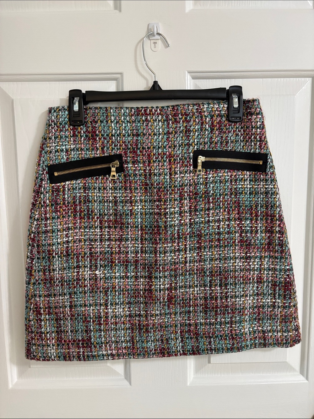 LOFT Multicolor Tweed Mini Skirt with Gold Zipper Accents